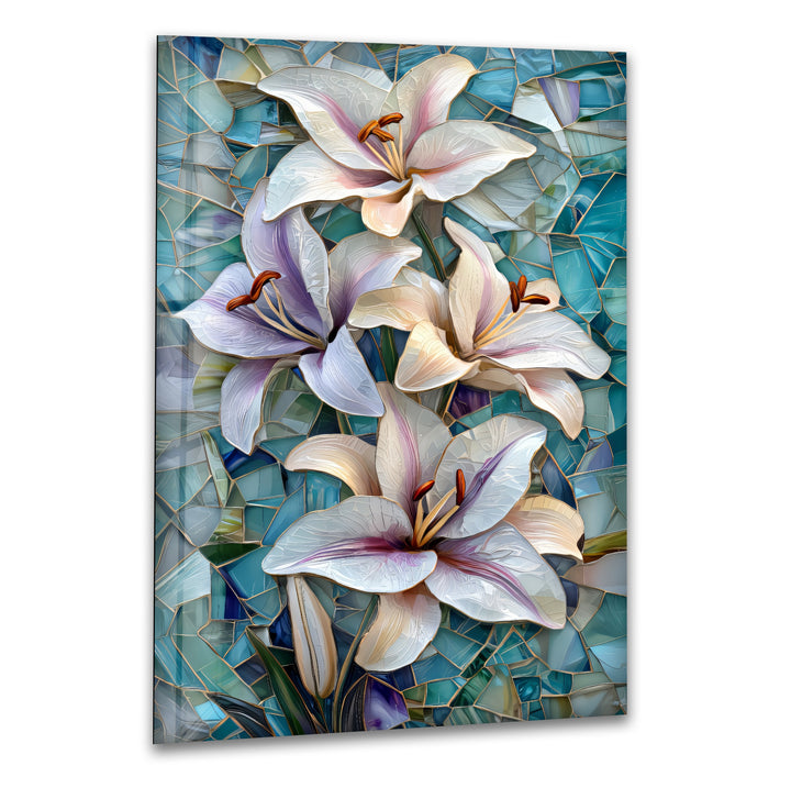 Ocean Lilies – Blue Mosaic Floral Glass Wall Art