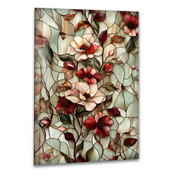 Crimson Bloom Harmony – Stained Floral Glass Wall Art