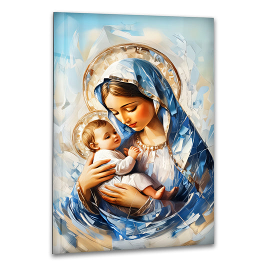 Religion glass wall art depicting Divine Embrace Virgin Mary and Child Jesus plus sacred spiritual religious art and religious decor
