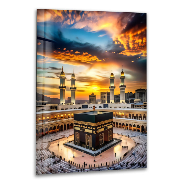 Kaaba under golden sunset glass wall art