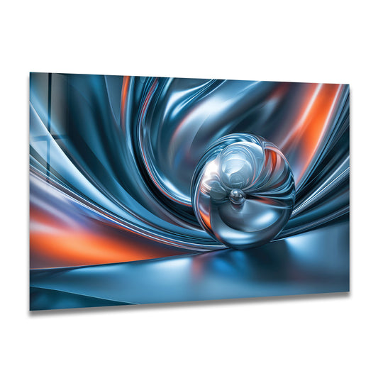 An abstract glass printing depicts a futuristic mood with a swirling blue and silver orb.