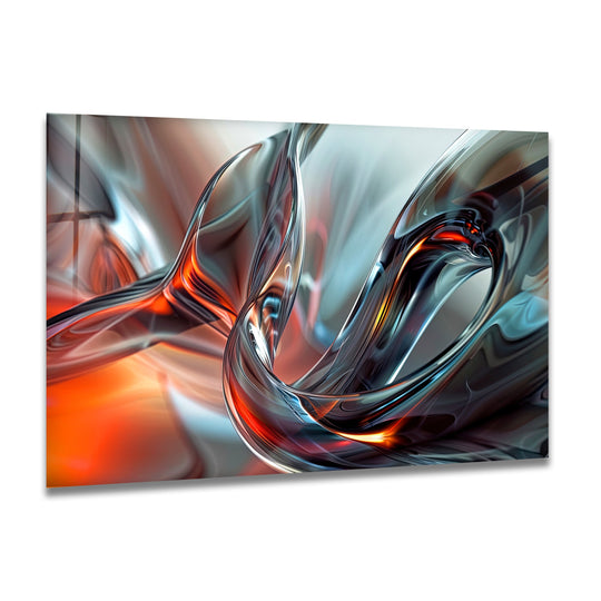 Abstract chrome and fire glass wall art featuring a layering effect of fluid motion.
