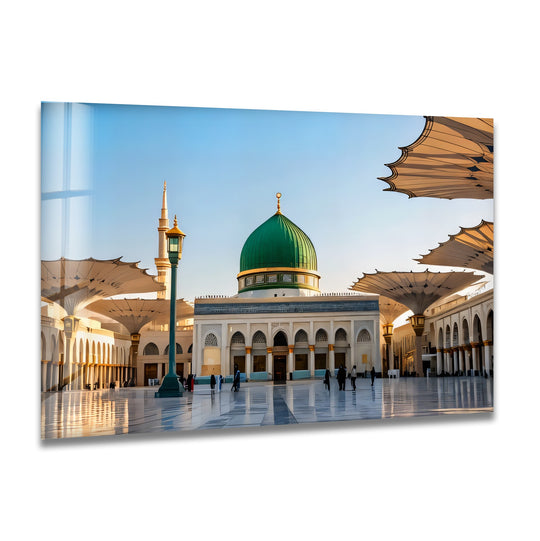 Vast negative space surrounds the serene Green Dome Mosque glass wall prints, highlighting the architectural grandeur and creating a captivating Islamic art piece.