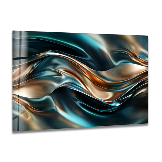 Dark, deep navy ocean-blue forms the background for this abstract metallic wave glass wall art.