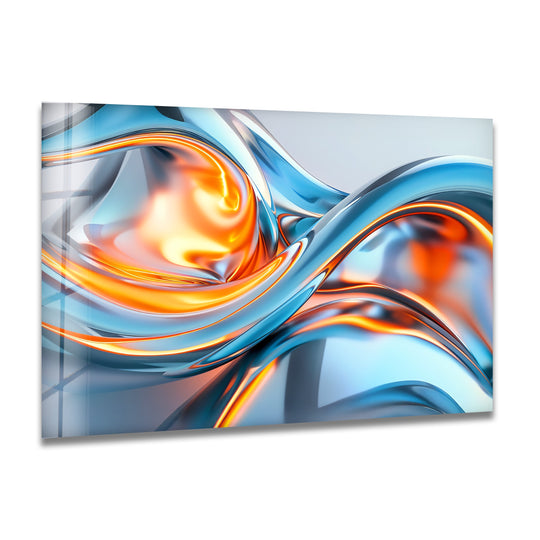 Brightest area of solar frost fusion abstract blue and orange chrome glass printing glows.