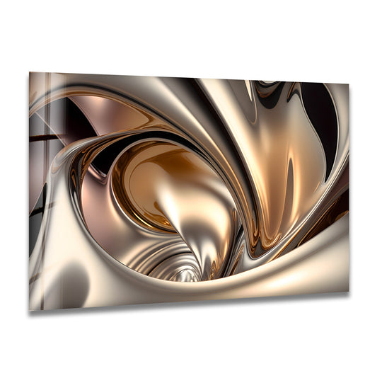 Rich champagne and silver metallic tones create a stunning abstract glass wall artwork with striking color contrast.