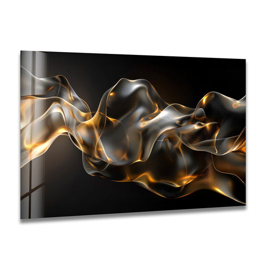 Translucent golden ember veil of abstract smoke on glass artwork, evoking the softest element.