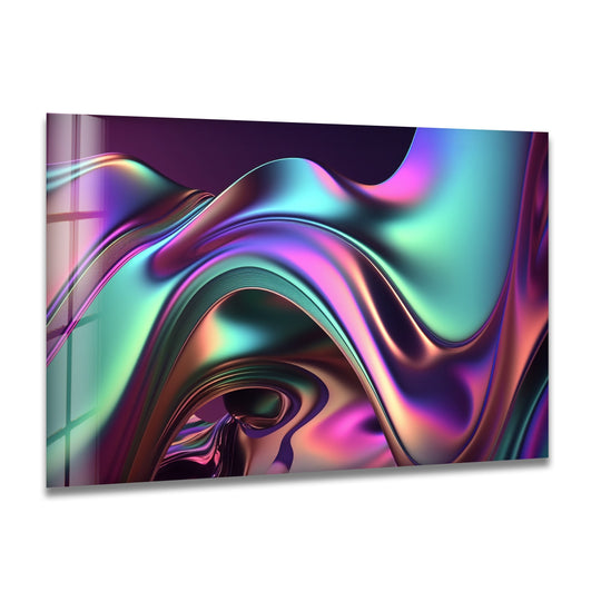 Iridescent wave mirage print wall art featuring abstract geometric curves in a neon chrome flow.