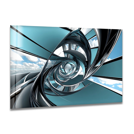 Soft, fluffy clouds are reflected within the swirling chrome tunnel of this glass wall art decor.