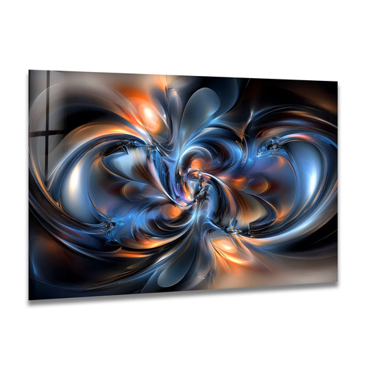 An abstract swirl glass wall art decor transitions from fiery ember oranges to cool sapphire blues with glossy chrome effects.