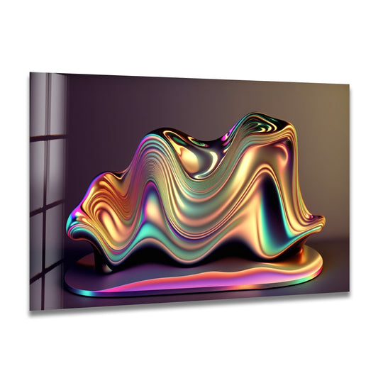 A glass wall art decor piece showcases a liquid-like metallic sculpture with iridescent, swirling textures of vibrant colors.