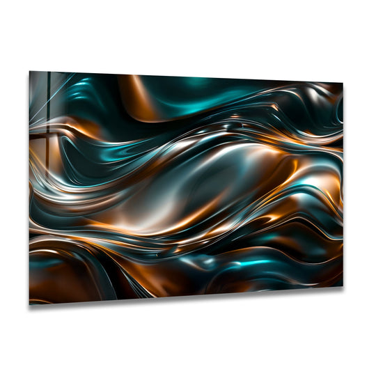 The luxurious obsidian copper drift glass wall art evokes a mood of sophisticated dynamism through its abstract metallic wave home decor.