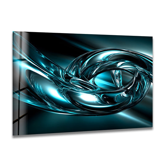 Aqua vortex chrome abstract teal metallic motion glass wall art for home decor.