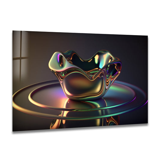 Dark, shadowy background on this iridescent chrome bowl abstract glass wall art, home decor.