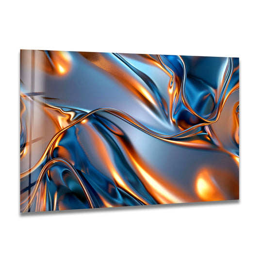 Intricate swirls of blue and copper chrome create a focal point on this unique modern wall decor abstract glass art.