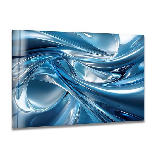 Azure liquid motion glass wall art features bright chrome blue highlights in a fluid abstract design.