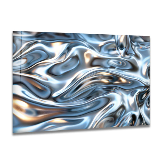 Darkest metallic silver abstract glass art painting with flowing fluid chrome movement.