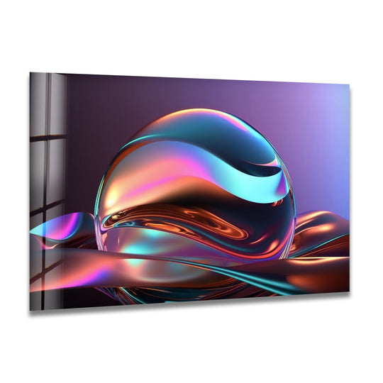 Iridescent chrome sphere artwork on glossy glass creates a futuristic glass art painting with colorful, modern details in the foreground.