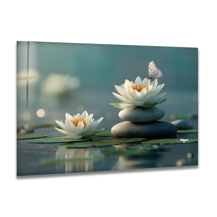 The deepest shadows of the dark grey zen stone and calm water ground the serene white lotus glass wall art, ideal for tranquil hanging wall art.
