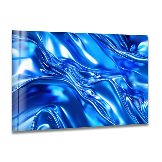 A still, abstract cobalt blue chrome fluid form shimmers across this glass art painting.