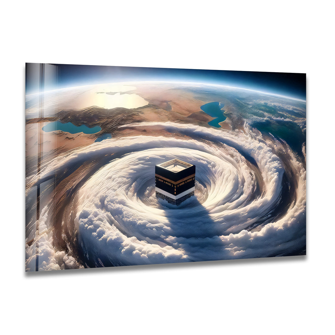 Kaaba surrounded by clouds glass wall art
