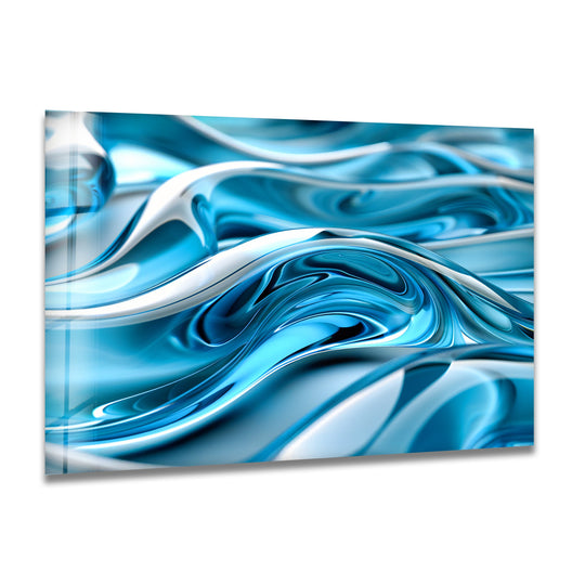 An abstract sapphire chrome fluid glass print wall art with smooth, flowing wave-like patterns and high gloss finish.