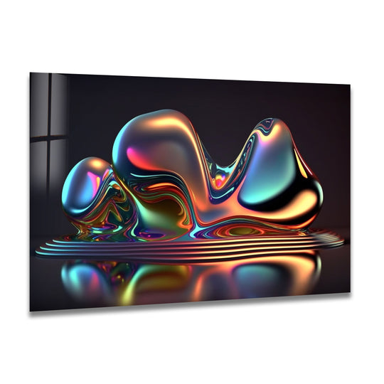 Iridescent liquid prism sculpture on glossy glass, a vibrant print wall art bursting with futuristic colors.
