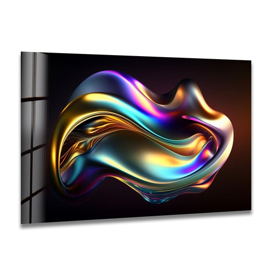 Iridescent chrome glass printing artwork shows a smooth metallic flow transitioning through vibrant blues, purples, and gold tones.
