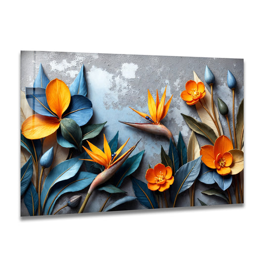 Textured grey concrete surface art with vibrant orange and blue tropical blooms, a captivating piece of decorative wall art.