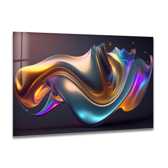 A surreal and futuristic chrome wave flows with iridescent hues, creating a mood of modern home decor wonder.