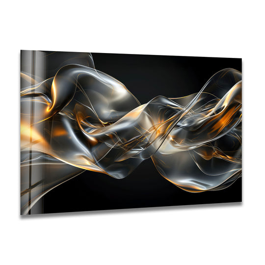 Layered abstract smoke and ember gold motion flows across this striking glass art.