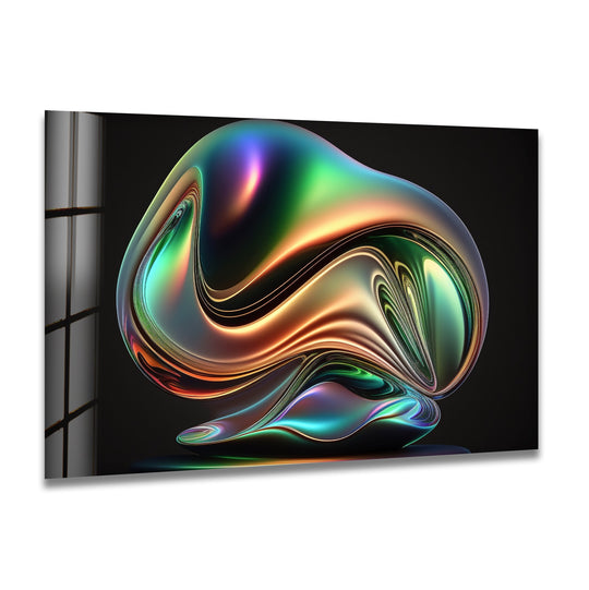 Iridescent metallic sculpture on glass wall artwork with futuristic swirling colors.