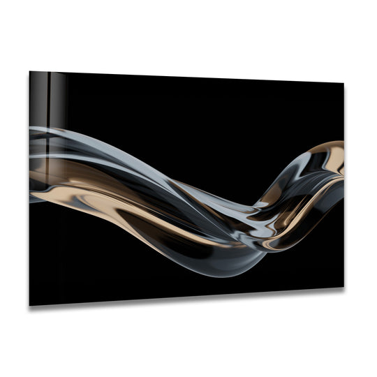 A liquid metallic champagne and silver wave flows across this contemporary glass wall artwork.