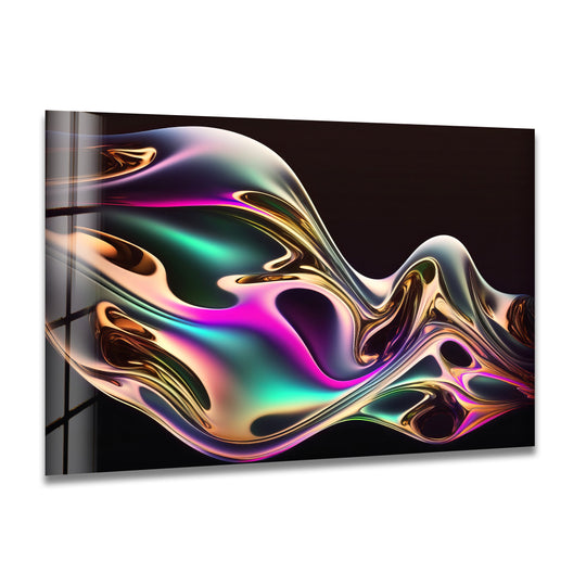The edge of this unique modern wall decor shows glossy, iridescent glass with metallic wave art and a dark background.