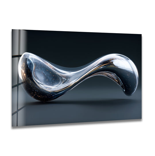 A mesmerizing, futuristic cosmic sculpture formed from flowing, transparent art from glass, with embedded star-like lights.