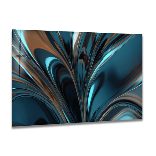 Deep navy and turquoise chrome swirl in a mesmerizing, fluid wave design as art from glass.