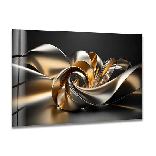 Golden Helix Flow abstract metallic ribbon glass wall art showcases a unique modern wall decor with a dramatic layering effect.