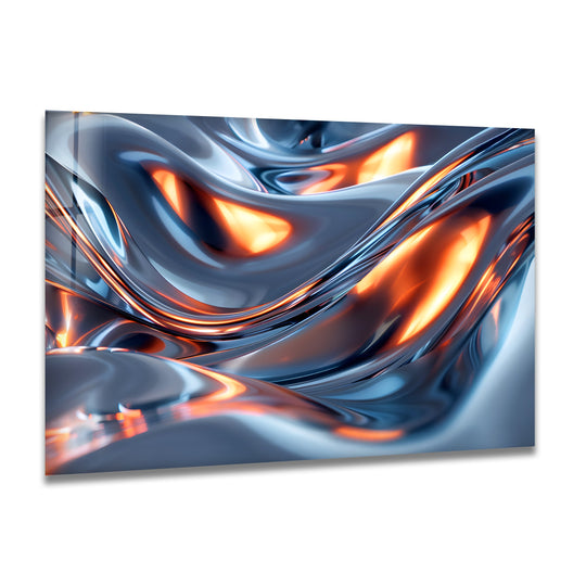 Shiny solar chrome surge glass wall art with an ember flow finish.