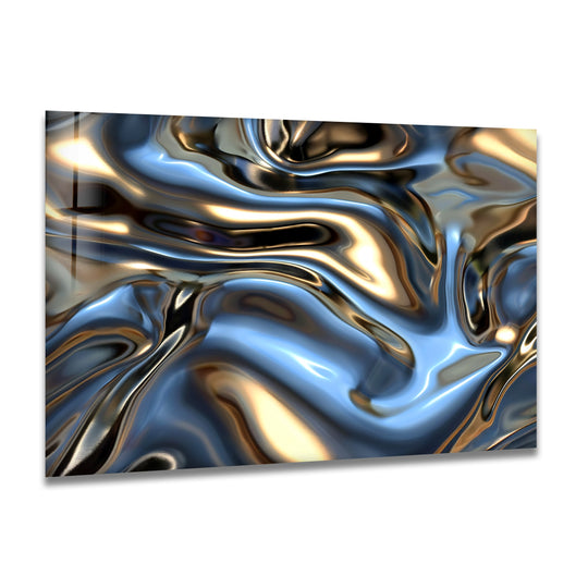Abstract silver and gold fluid glass decorative wall art captures a dynamic sense of movement.