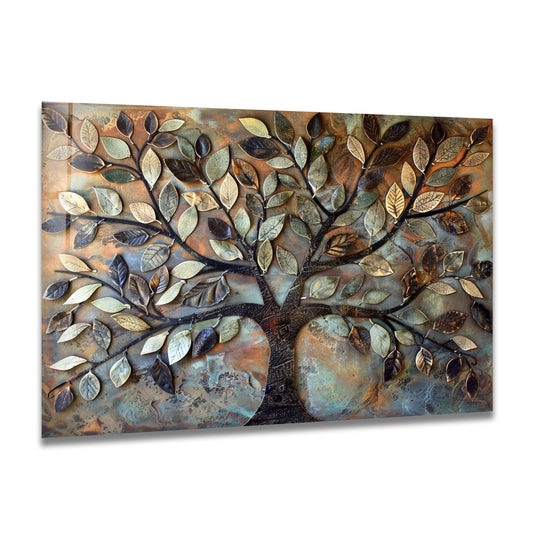 Textured glass wall artwork showcases a metallic tree with leaves transitioning from earthy browns and greens to cool blues and grays.