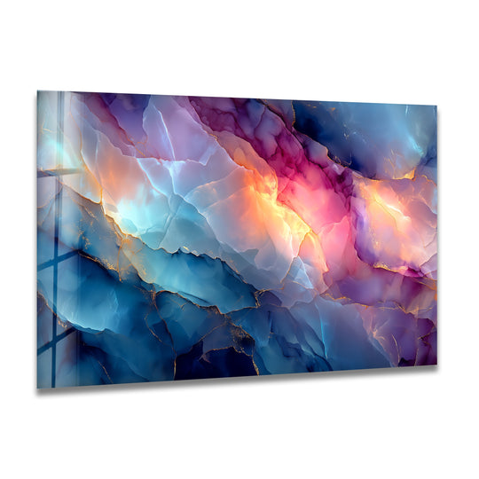 Showcasing a layering effect, this abstract marble glass wall art combines flowing blue, pink, and gold veins for stunning wall prints.