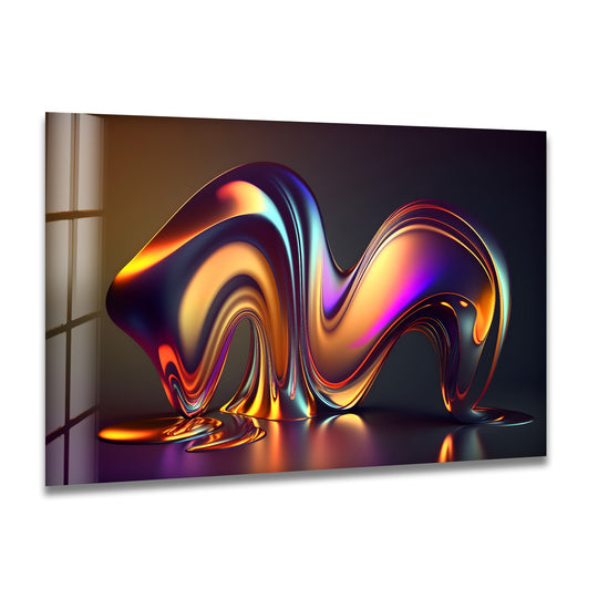 Horizontal abstract glass wall art decor depicting a fluid, molten sculpture with iridescent colors.