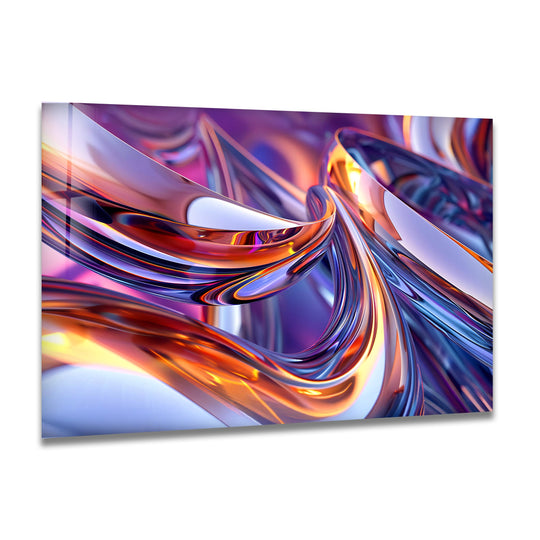 A flowing swirl of soft violet and orange light on a unique modern wall decor glass art panel.