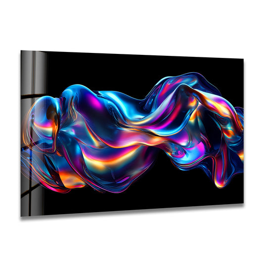 A vivid, chromatic, liquid chrome flow on glass printing art piece bursts with the loudest, most vibrant neon colors.