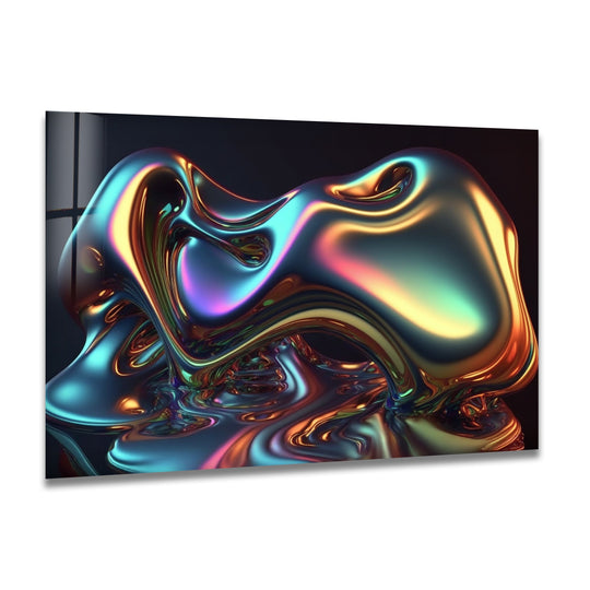 Iridescent liquid chrome glass art painting shimmers with dramatic light and shadow reflections across its fluid form.
