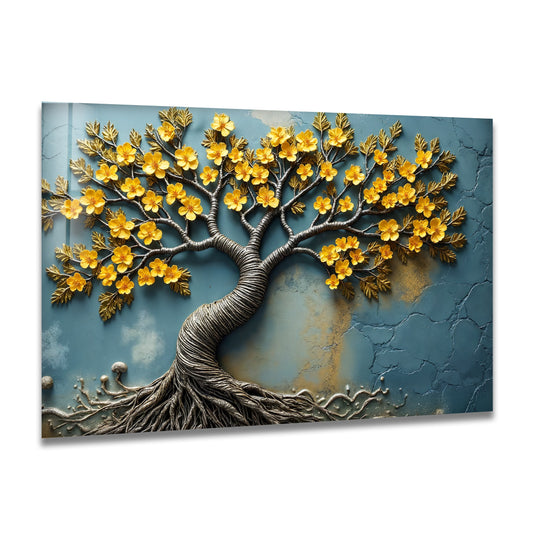 Textured floral tree glass wall artwork featuring golden blossoms and sculpted roots along the embossed edge.