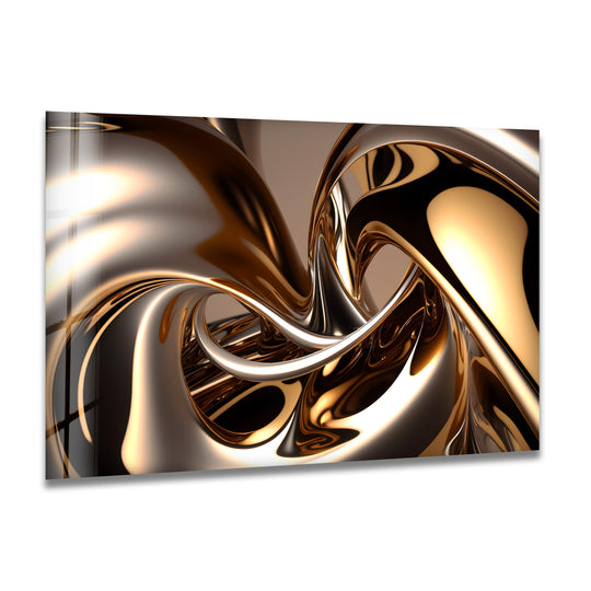 A shimmering, molten bronze and chrome swirl creates a lustrous surface texture in this art from glass piece.