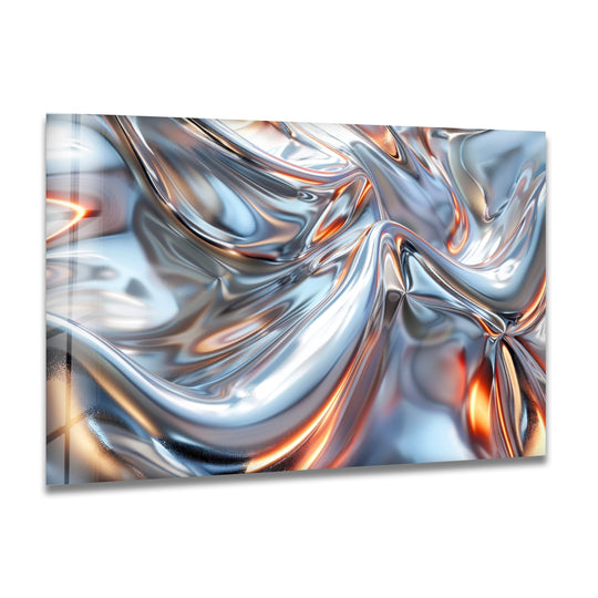 This glass wall art print features a stunning, lustrous chrome finish with fiery copper undertones, creating a liquid metal effect.