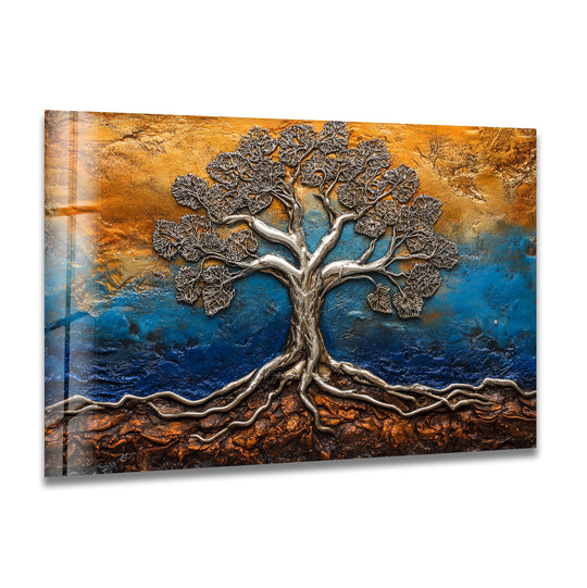 This textured glass wall art features a sculpted metallic tree with deep layers of bronze, blue, and gold, creating stunning home decor.