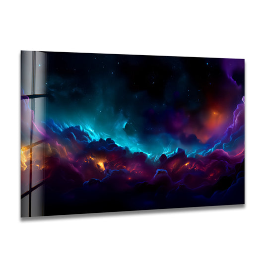 Abstract glass wall art with a visual rhythm of cosmic blues and fiery nebulae.
